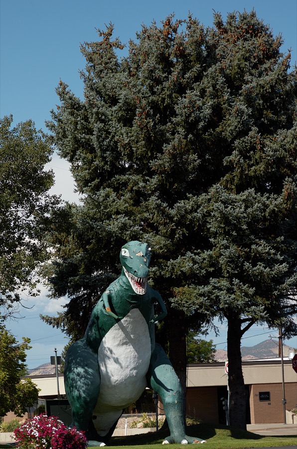 Not-too-scary figures of dinosaurs such as this are not unusual in the small city of Vernal in eastern Utah's Uintah County