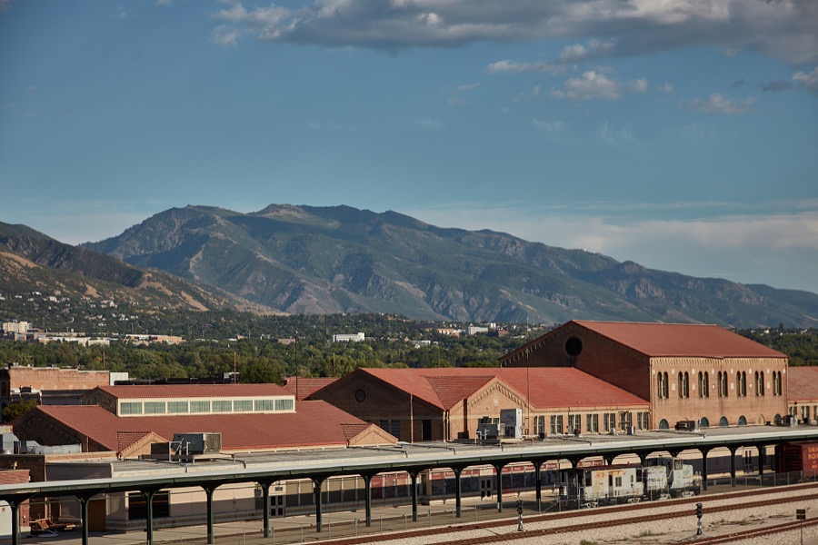 View of historic Ogden Union Station, which now (as of 2022) houses railroad, firearms, classic-car, and western-heritage museums, two art galleries, a research library, and a photographic collection