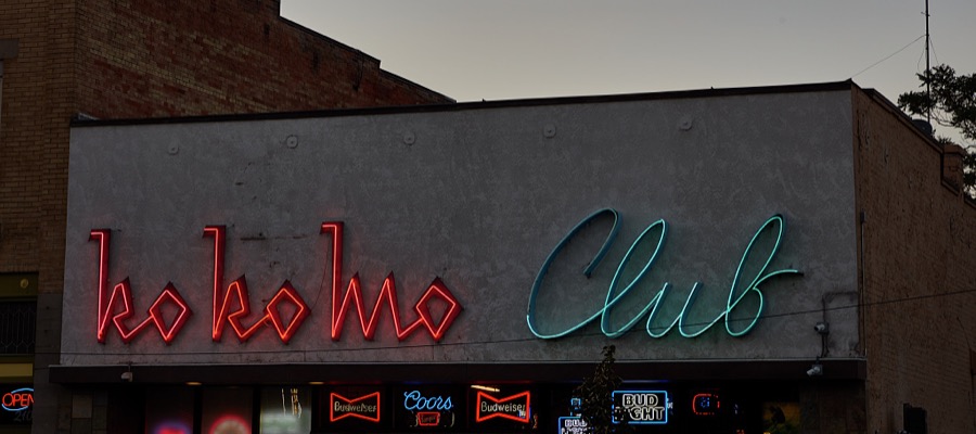 Neon sign for the Ko Ko Mo Club on 25th Street, or what the city calls "Historic 25th Street," a popular entertainment and dining spot in Ogden, a small city north of the Utah capital of Salt Lake City