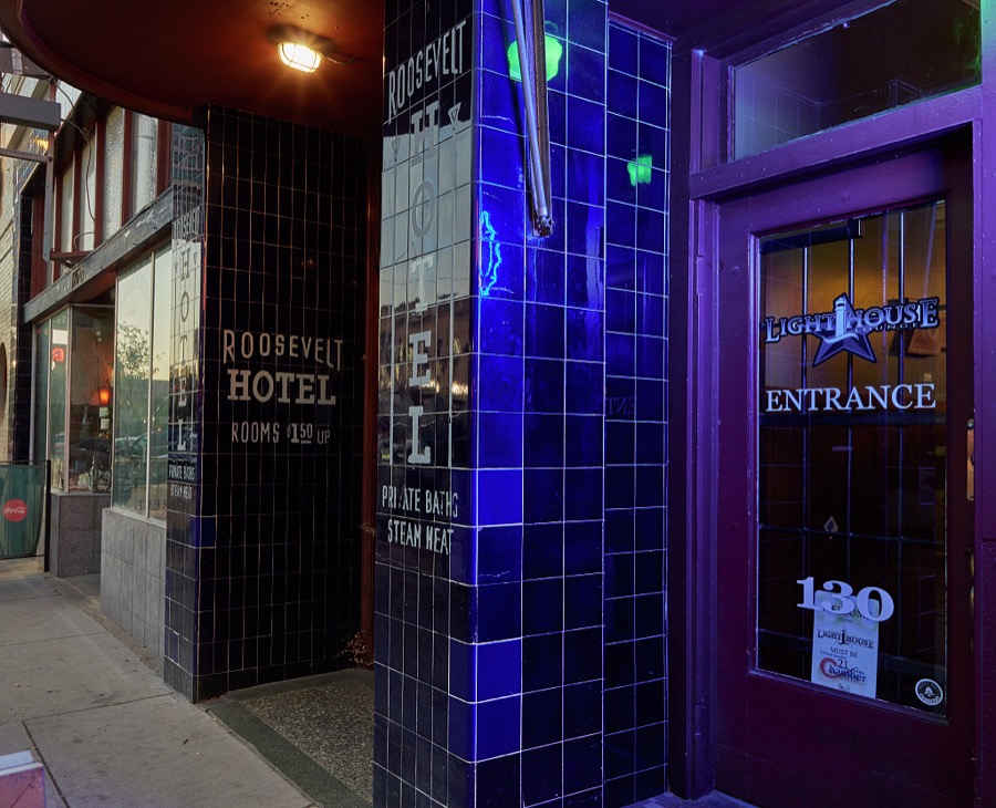 Entrances to the old Roosevelt Hotel and the Lighthouse Lounge on 25th Street, or what the city calls "Historic 25th Street," a popular entertainment and dining spot in Ogden, a small city north of the Utah capital of Salt Lake City