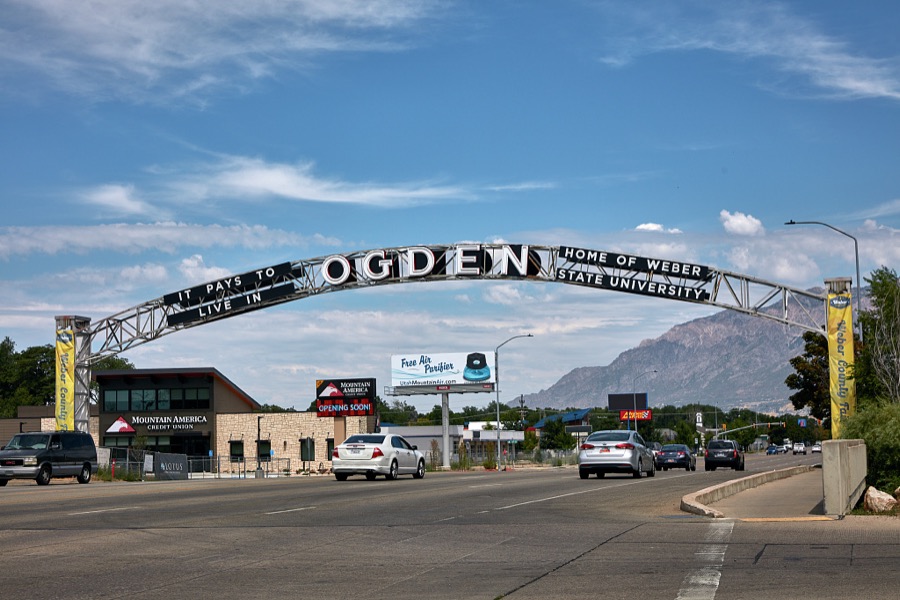 A gateway welcome arch on Washington Boulevard in Ogden, a city north of the state capital of Salt Lake City