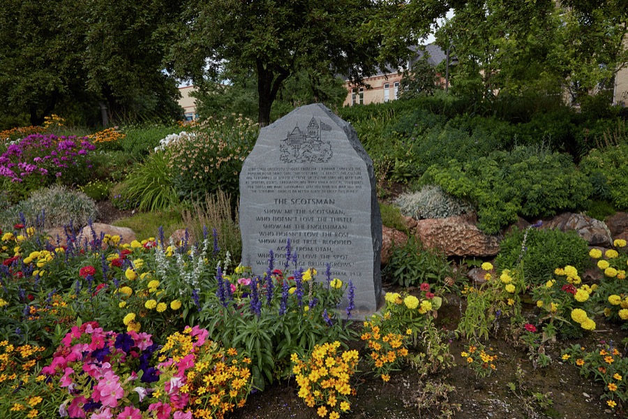 A decorative thistle patch and an ode to the flower and to Scotsmen beneath the Old Main administration building at Utah State University in Logan, a city in far-northeast Utah