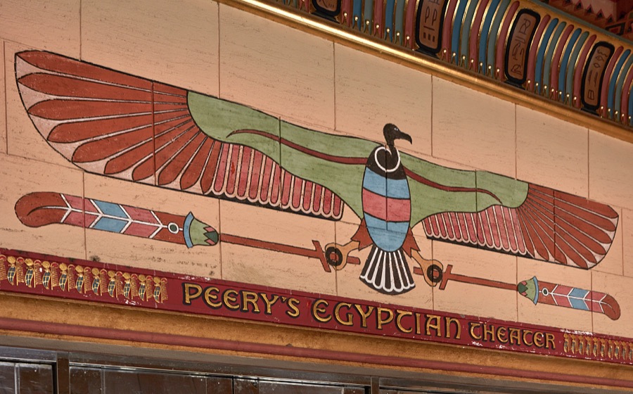 Elaborate artwork behind the ticket booth of Peery's Egyptian Theater, built by the brothers Louis and Harman Peery as an Egyptian-themed grand movie palace in 1924 on the site of the Arlington Hotel, destroyed by fire in Ogden, a city north of the state capital of Salt Lake City