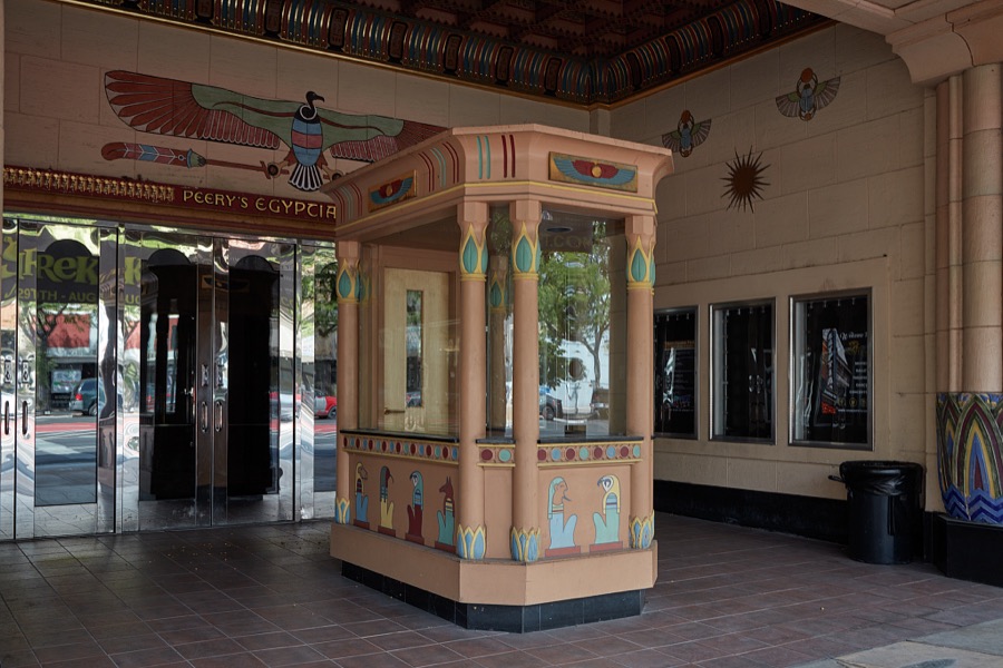 Ticket booth of Peery's Egyptian Theater, built by the brothers Louis and Harman Peery as an Egyptian-themed grand movie palace in 1924 on the site of the Arlington Hotel, destroyed by fire in Ogden, a city north of the state capital of Salt Lake City