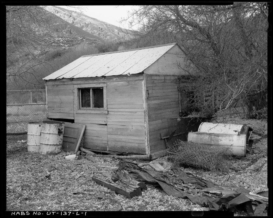 Deer Creek Dam, CCC Government Camp, Animal Shed, 614 feet/276° from Brick Residence No. 1, Charleston, Wasatch County, UT