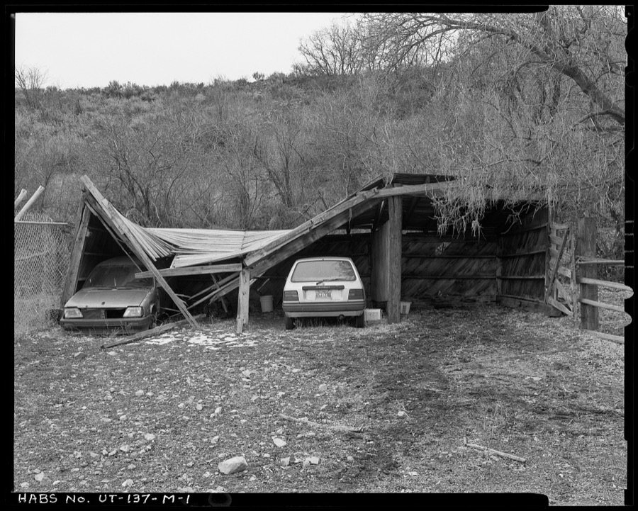 Deer Creek Dam, CCC Government Camp, Animal-Tractor Shed, 627 feet/272° from Brick Residence No. 1, Charleston, Wasatch County, UT